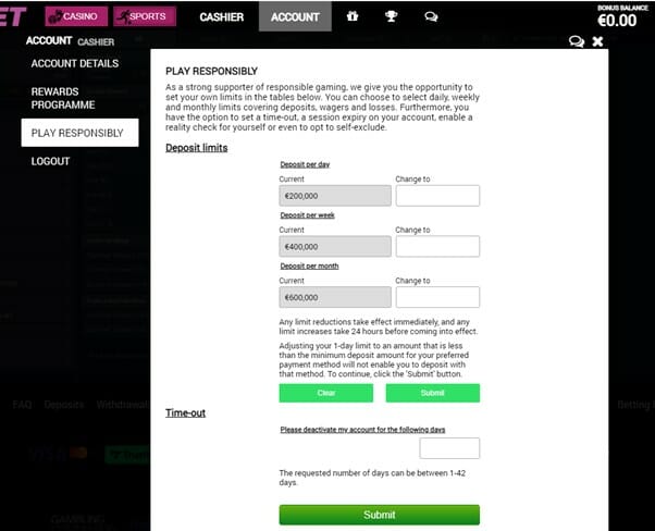 2kBet Personal Limits Screenshot
