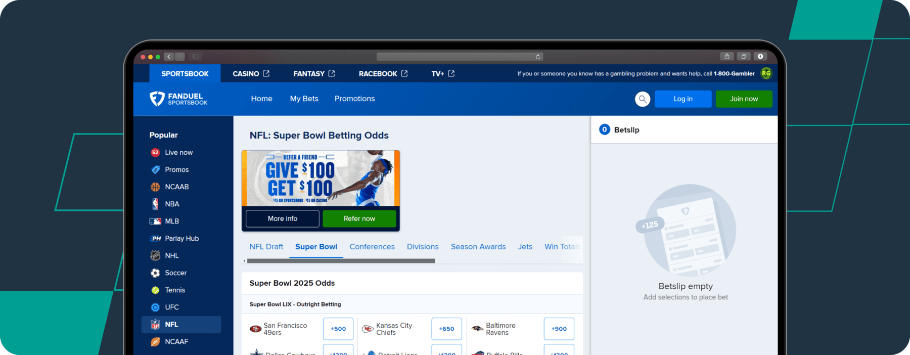 screenshot of fanduel super bowl odds