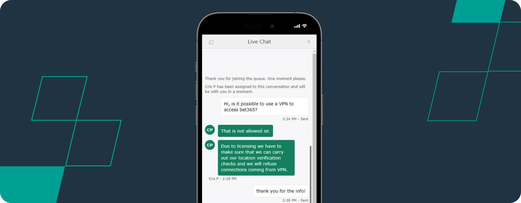 screenshot showing bet365 live chat