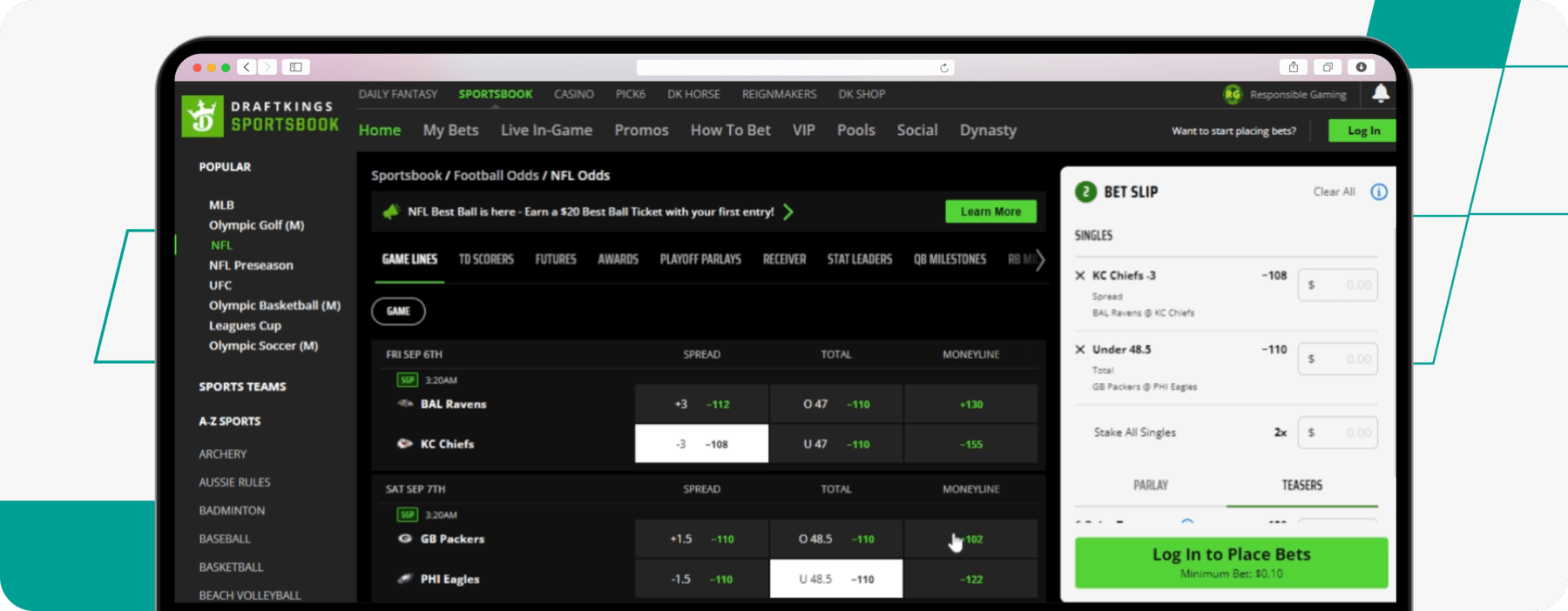 screenshot of draftkings teaser bet