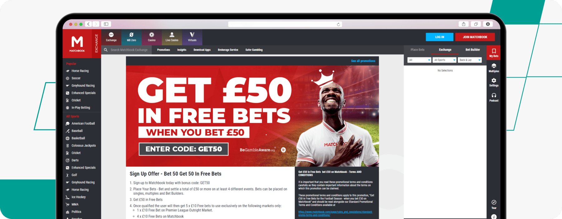 screenshot of matchbook's bet 50 get 50 welcome offer